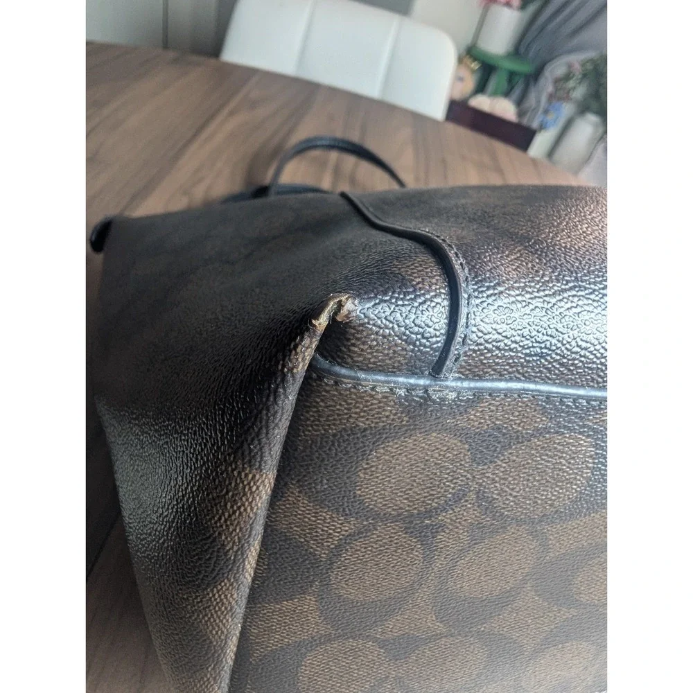 Coach Signature Zip Top Tote Bag Brown Black Canvas Leather Purse/Wallet F58318